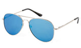 Classic Pilot Aviator Inspired Driving Metal Silver Frame Sunglasses with UV 400 Protected Light Blue Flash Lens.