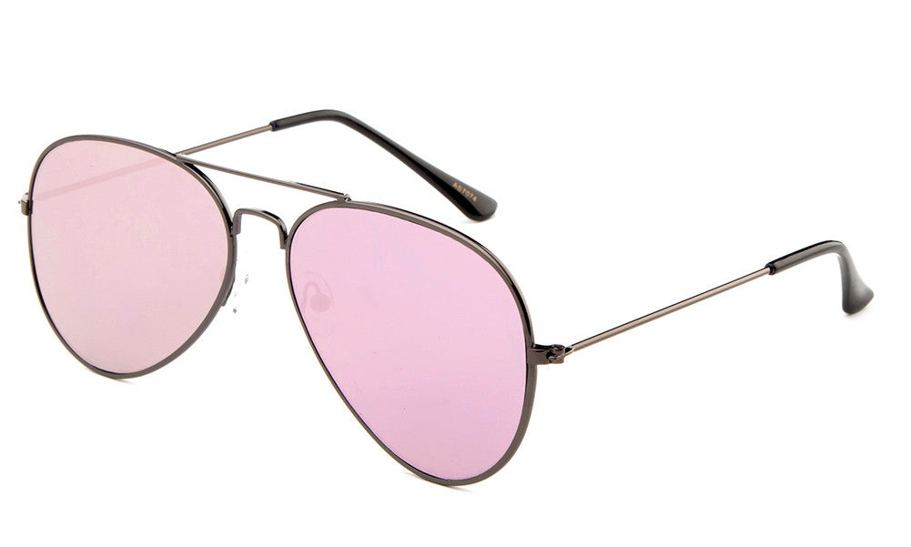 Classic Flat Lens Pilot Aviator Inspired Gunmetal Frame Sunglasses with UV 400 Protected Pink Mirror Flash Lens. 