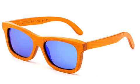 Dark Bamboo Horned Rim Wayfarer Frame Sunglasses with Blue Flash Lens