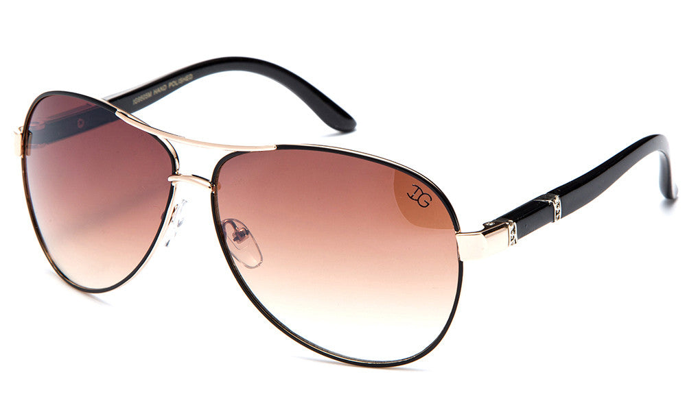 Trendy Modern Aviator Inspired Gold Metal Frame and Black Temple Sunglasses with UV 400 Protected Gradient Brown Lens. 