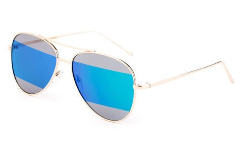 Modern Aviator Inspired Gold Metal Frame Sunglasses with Two Tone UV 400 Protected Green Flash Lens. 