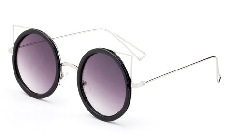 Premium Round Frame Cat Eye Circular Design Sunglasses with UV400 Protected Gradient Purple Lens and Silver Metal Temples.