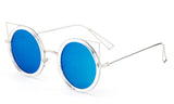 Premium Round Frame Cat Eye Circular Design Sunglasses with UV400 Protected Blue Flash Lens and Silver Metal Temples