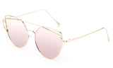 Modern Geometric Aviator Inspired Cat Eye Sunglasses with a Gold Metal Frame and UV 400 Protected Pink Flash Lens. 