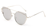 Modern Geometric Aviator Inspired Cat Eye Sunglasses with a Silver Metal Frame and UV 400 Protected Mirror Flash Lens. 