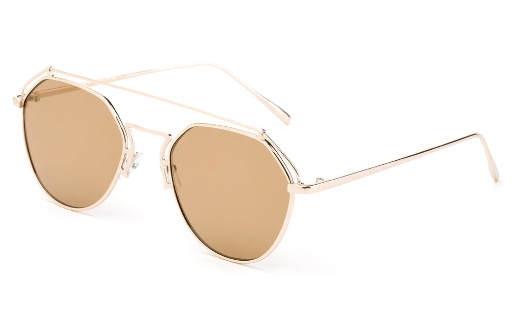 Premium Aviator Inspired Geometric Design Gold Metal Framed Sunglasses with UV400 Protected Brown Flash Lens. 