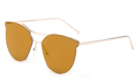 Classic Cat Eye Inspired Sunglasses with a Gold Metal Frame and Brown Flash Lens.