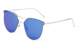 Classic Cat Eye Inspired Sunglasses with a Silver Metal Frame and Blue Flash Lens.