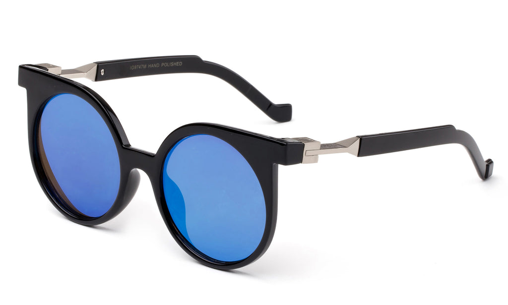 Trendy Geometric Round Design Black Sunglasses with UV Protected Circular Flat Flash Blue Lens.