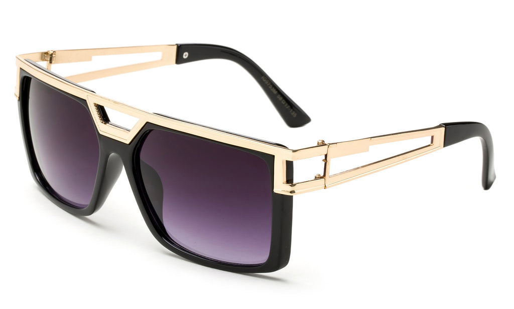 Modern Geometric Squared Design Sunglasses with Gold Metal Accents Along Topside of Black Frame with UV400 Protected Gradient Purple Lens.