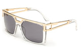 Modern Geometric Squared Design Sunglasses with Gold Metal Accents Along Topside of Clear Frame with UV400 Protected Smoke Lens.
