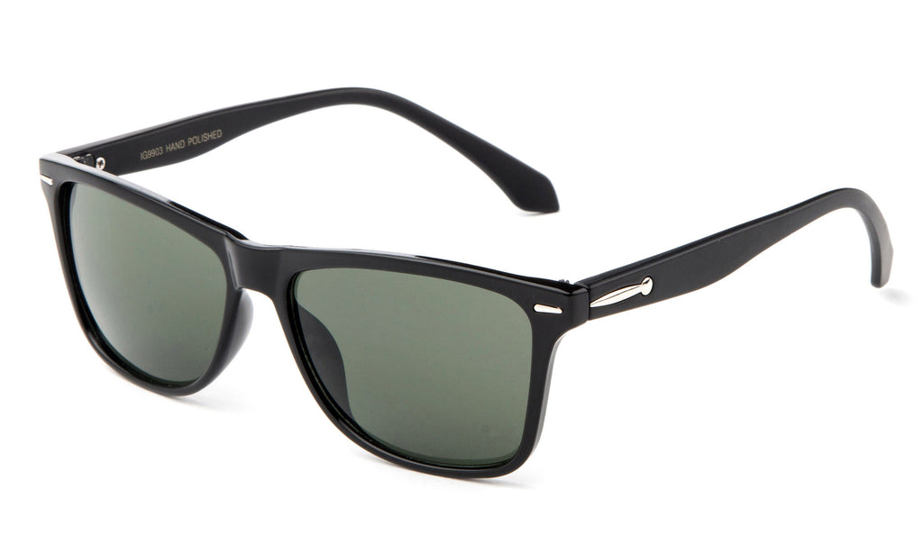 Classic Horned Rim Sunglasses in Black with Green Lens.