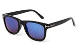 Trendy Horned Rim Wayfarer Blue Flash Lens Black Frame Sunglasses  