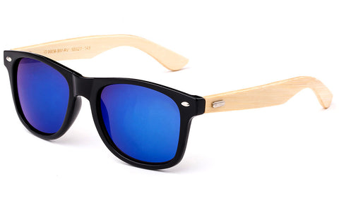 Classic Horned Rim Wayfarer Blue Flash Lens Sunglasses with Bamboo Temples.