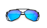 Trendy Geometric Aviator Inspired Sunglasses with a Black Metal Frame and UV400 Protected Blue Flash Lens.