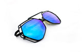 Trendy Geometric Aviator Inspired Sunglasses with a Black Metal Frame and UV400 Protected Blue Flash Lens.