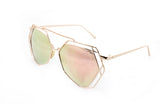 Trendy Geometric Aviator Inspired Sunglasses with a Gold Metal Frame and UV400 Protected Pink Flash Lens.