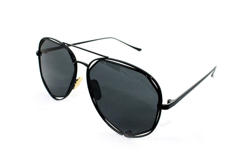 Modern Octagon Geometric Aviator Inspired Air Brushed Aluminum Black Frame Sunglasses with UV 400 Protected Smoke Flash Lens.  