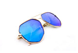 Modern Octagon Geometric Aviator Inspired Air Brushed Aluminum Gold Frame Sunglasses with UV 400 Protected Blue Flash Lens.  