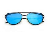 Trendy Geometric Aviator Inspired Cat Eye Sunglasses with a Black Metal Frame and UV400 Protected Blue Flash Len