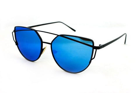 Trendy Geometric Aviator Inspired Cat Eye Sunglasses with a Black Metal Frame and UV400 Protected Blue Flash Lens. 