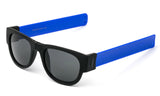 Trendy Folding Horned Rim Sunglasses with Colored Rubber Bendable Temples in Black and Blue.