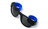 Trendy Folding Horned Rim Sunglasses with Colored Rubber Bendable Temples in Black and Blue.