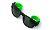 Trendy Folding Horned Rim Sunglasses with Colored Rubber Bendable Temples in Black and Green.