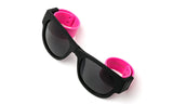 Trendy Folding Horned Rim Sunglasses with Colored Rubber Bendable Temples in Black and Hot Pink