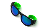 Trendy Folding Horned Rim Green Flash Lens Sunglasses with Green Rubber Bendable Temples.