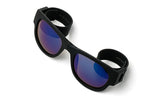 Trendy Folding Horned Rim Blue Flash Lens Sunglasses with Black Rubber Bendable Temples.