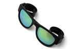 Trendy Folding Horned Rim Yellow Green Flash Lens Sunglasses with Black Rubber Bendable Temples.