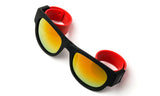 Trendy Folding Horned Rim Orange Flash Lens Sunglasses with Red Rubber Bendable Temples.