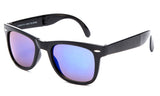 Fold-able Horned Rim Wayfarer Black Frame Sunglasses with a UV Protected Blue Flash Lens. 