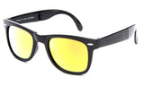 Fold-able Horned Rim Wayfarer Black Frame Sunglasses with a UV Protected Yellow Flash Lens. 