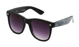 Zebra Inspired Horned Rim Wayfarer with a Black Frame and Black Temples. 