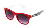 Zebra Inspired Horned Rim Wayfarer with a Red Frame and White Temples. 