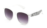 Zebra Inspired Horned Rim Wayfarer with a White Frame and White Temples. 